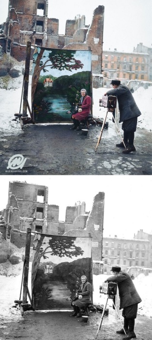 Съемка портрета на разрушенных улицах Варшавы, Польша. Ноябрь 1946 года.
