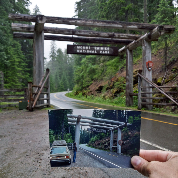 Вход в национальный парк, Гора Ренье, штат Вашингтон. Июнь 1981 и июнь 2016 года.