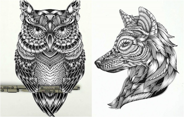 Детализированные рисунки животных из узоров.