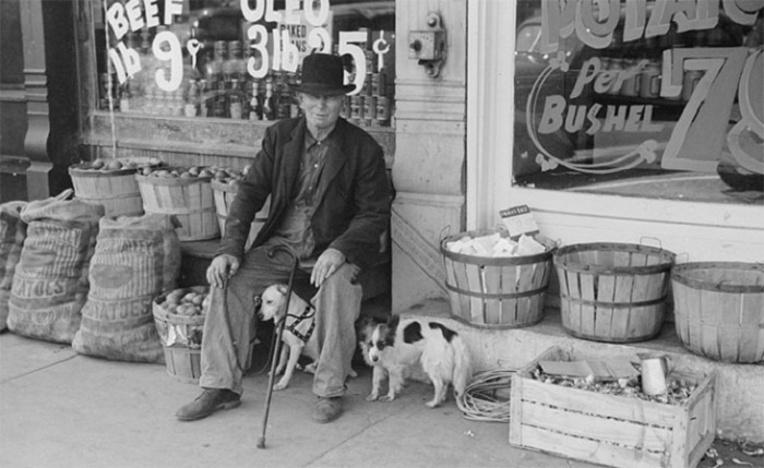 Пожилой мужчина и собаки перед продуктовым магазином, Робинсон, штат Иллинойс, 1940 год.
