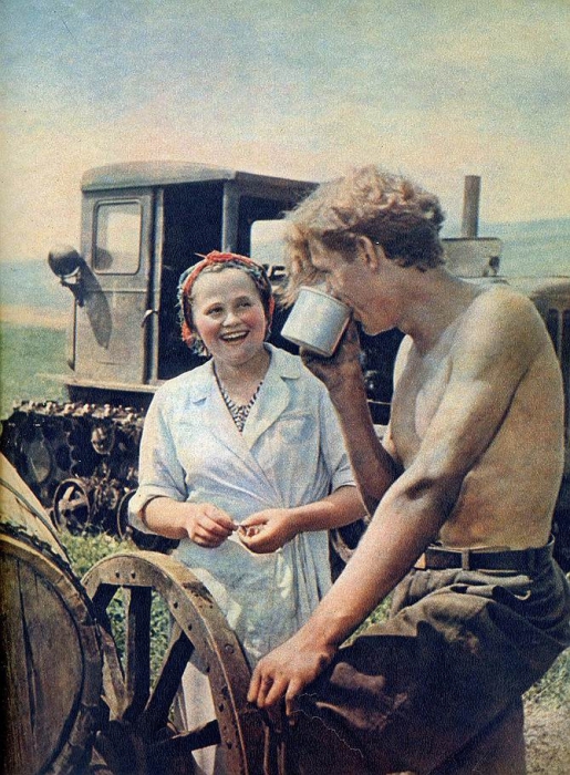 Разговор тракториста и женщины-повара во время обеденного перерыва.