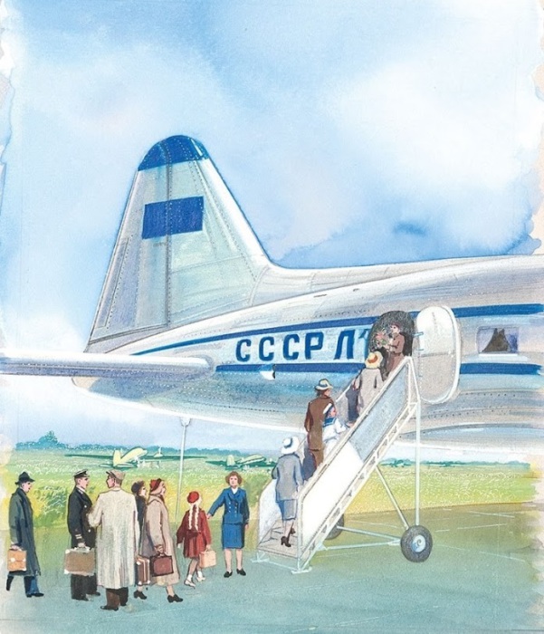 Тамби Владимир Александрович (Россия, 1906-1955) «Посадка пассажиров в Ил-12» 1940-е