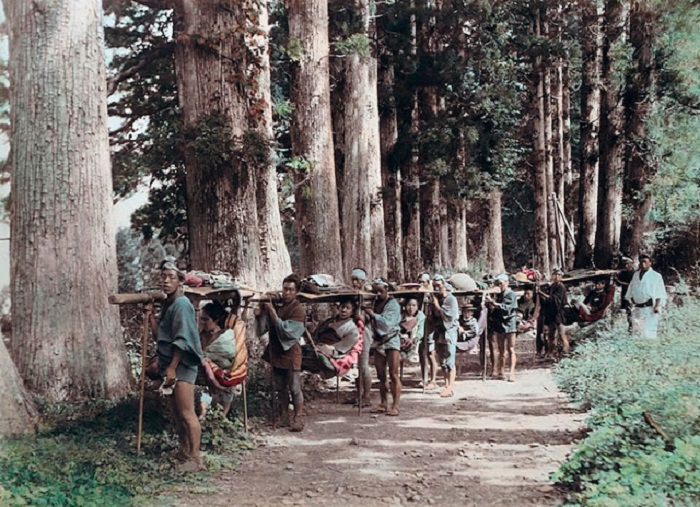 Японские носители каго перевозят мужчин и женщин по дороге в Хаконе.