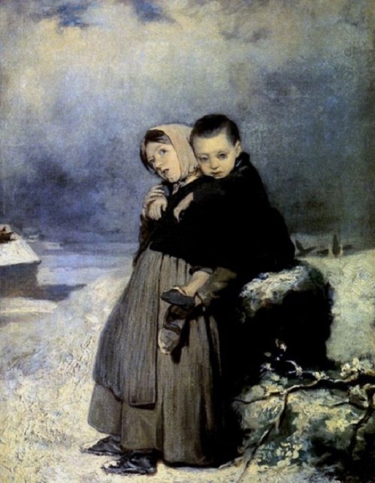 Маленькие дети одиноко стоящие возле занесенной снегом могилы.