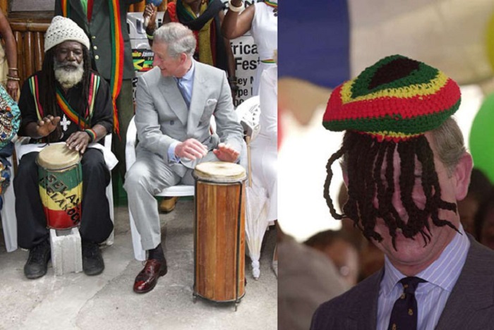 Старший сын Королевы Великобритании пробует играть на музыкальном инструменте во время пребывания на Ямайке и примеряет шапку растамана, подаренную Ритой Марли.