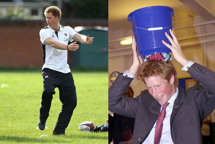 Принц Гарри Уэльский развлекается на тренировке по регби и пробует удержать ведро с водой на голове.
