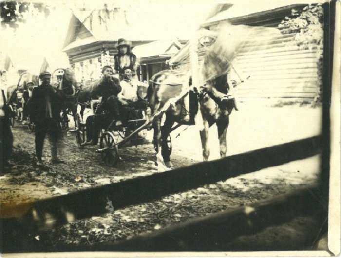 Лучшие кони и экипажи деревни собрались в свадебный поезд для сопровождения молодоженов.