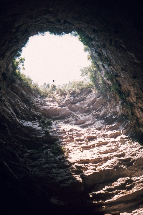 По форме пещера представляет собой расширяющийся вниз карстовый провал, через него по утрам вылетают стаи черных стрижей, за которыми приезжают понаблюдать туристы.