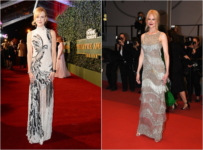 Слева – Кинозвезда в платье, выполненном в викторианском стиле, от Alexander McQueen. Справа - В роскошном наряде от Michael Kors Collection.