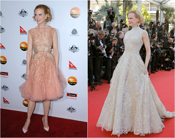 Слева – Николь в изысканном платье Elie Saab Couture. Справа – В роскошном платье в пол от Valentino.