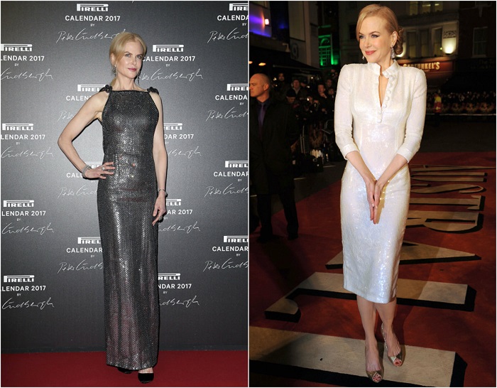 Слева – Кидман в ослепительном платье цвета металик от Giorgio Armani. Справа – В белом элегантном наряде от L'Wren Scott.