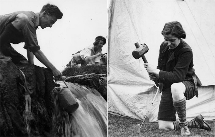  Обустройство туристического лагеря возле питьевого источника в 1930-х годах.