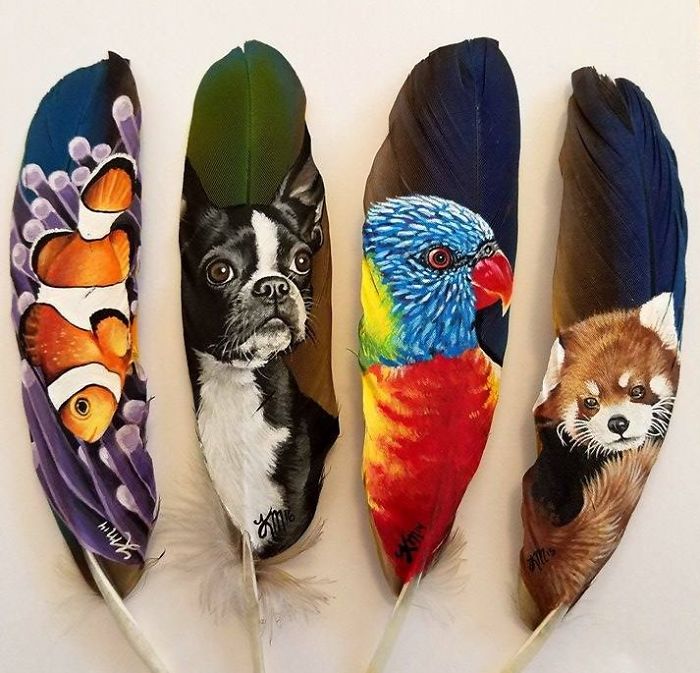 Невероятной красоты рисунки на птичьих перьях.