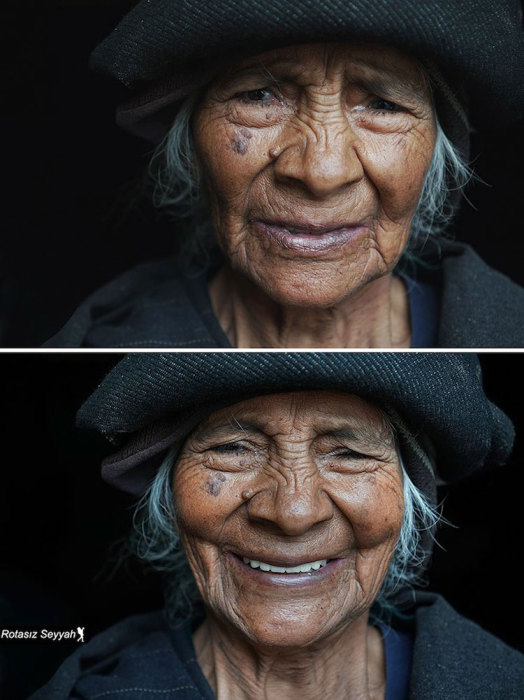 Пожилая дама в шляпе с морщинками на лице.