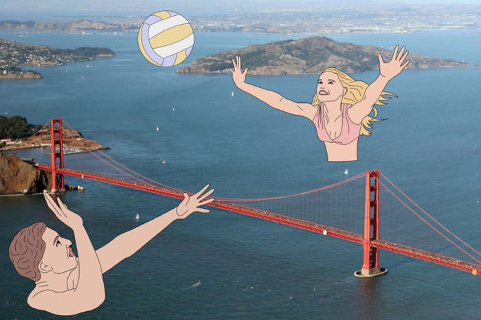 Игра в мяч через мост Золотые Ворота в Сан-Франциско.