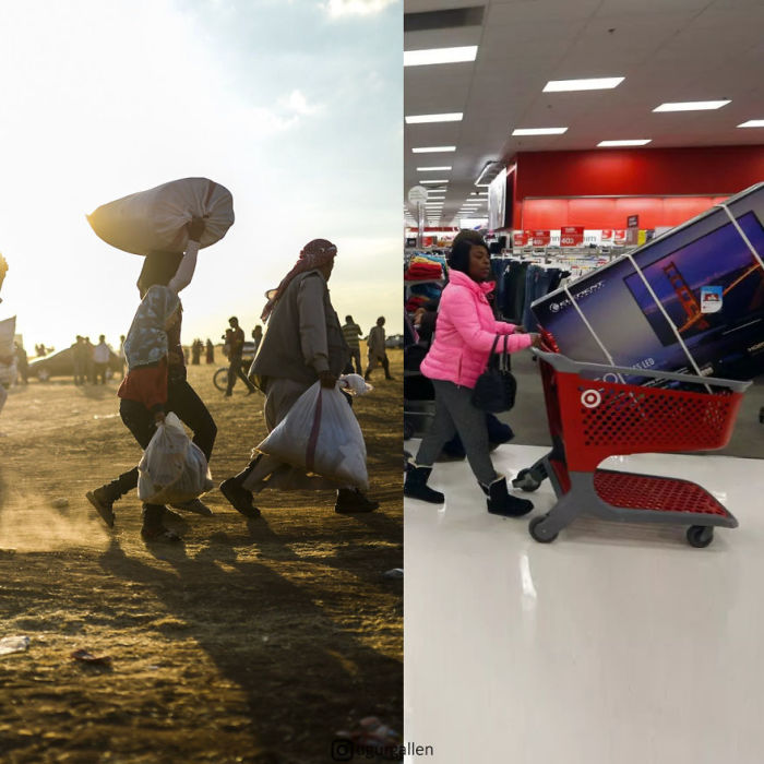 На этом коллаже «встретились» беженцы, спасающиеся со своими последними пожитками от войны, и женщина, купившая новый телевизор в гипермаркете.