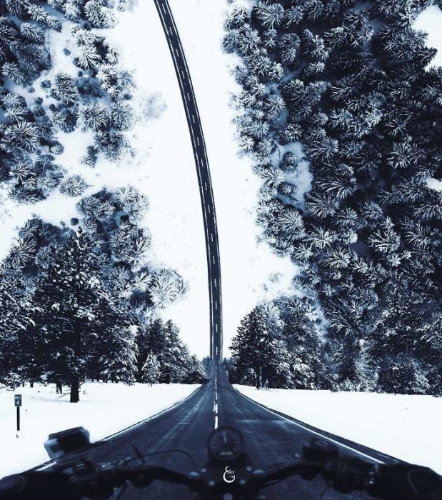 В своих картинах Саид Афхамзаде любит «играть» с горизонтом, превращая ровную дорогу с крутой спуск.