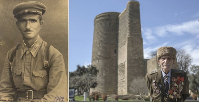 102-летний Аллахверди на фоне Девичьей башни в Баку.