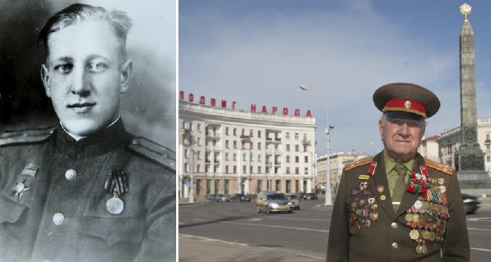 92-летний Николай на площади Победы в Минске.