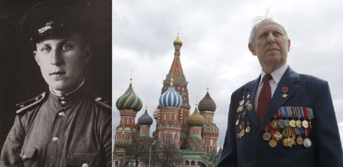 89-летний ветеран войны Борис Рунов на Красной площади в Москве.