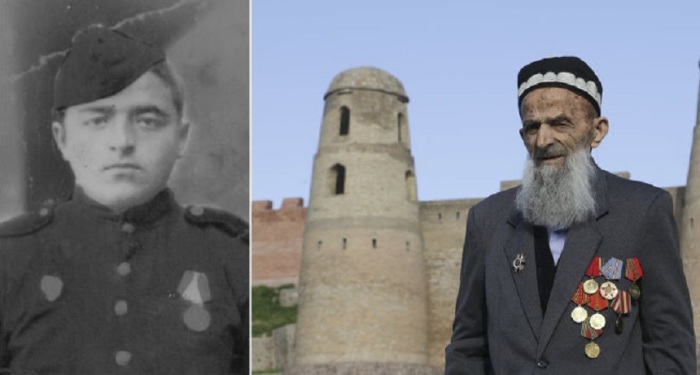 91-летний ветеран на фоне Гиссарской крепости неподалеку от Душанбе.