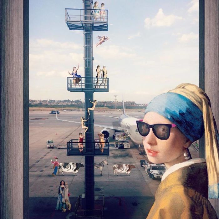 Для создания коллажа использовалось несколько картин, в том числе и «Девушка с жемчужной сережкой» художника Яна Вермеера (Jan Vermeer).