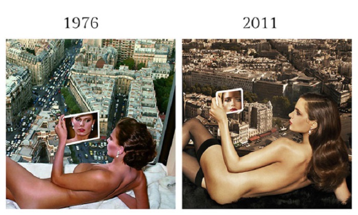 Знаменитый снимок «Бергстрем над Парижем» 1976 года Хельмута Ньютона был повторён Джампаола Шугром в 2011 году.