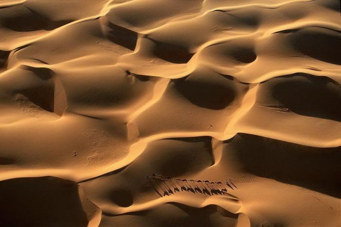 Караван медленно продвигается среди песков и дюн.