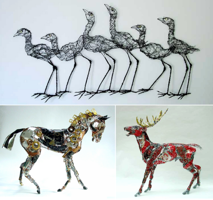 Скульптуры животных и птиц из металлических отходов