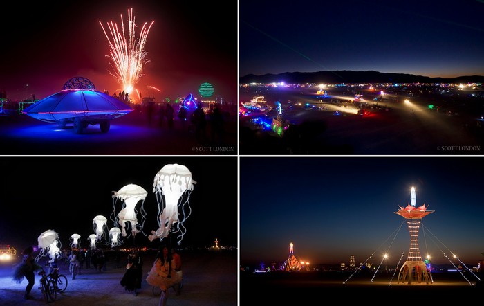 Ночью территория фестиваля Burning Man выглядит особенно живописной и даже волшебной