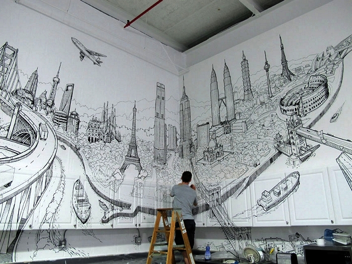 Интерьерное граффити Global City. *Комнатный* стрит-арт от художника  Deck Two