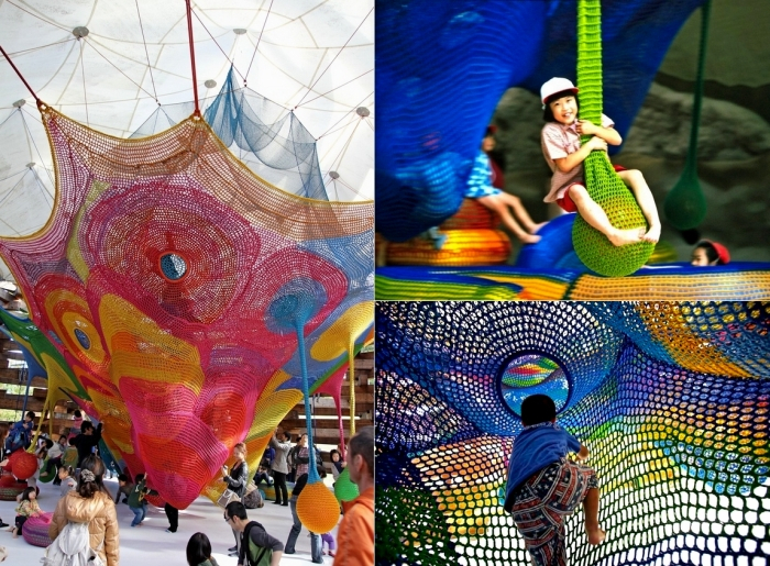 Детская площадка из разноцветной пряжи. Вязаный арт-проект Toshiko Horiuchi Macadam