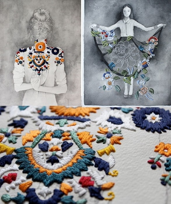 Рисунки с шитьем и вязанием. Mixed media от Izziyana Suhaimi