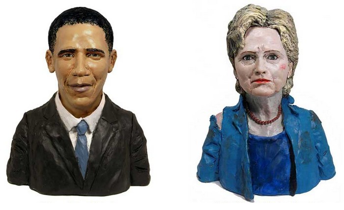 Барак Обама и Хиллари Клинтон, маленькие пластилиновые скульптуры 