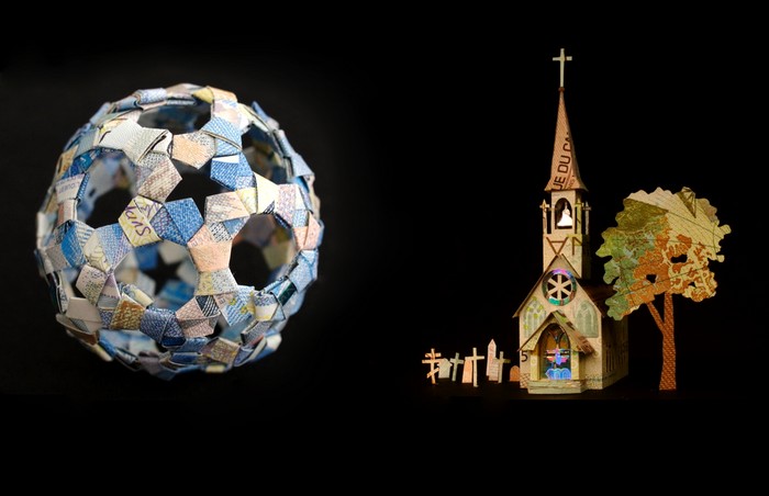 Скульптуры-мячики из дензнаков, творчество Kristi Malakoff