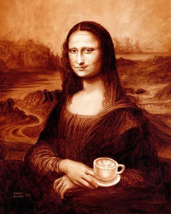 Мона Лиза, нарисованная не красками, а кофе. Картина Карен Эланд