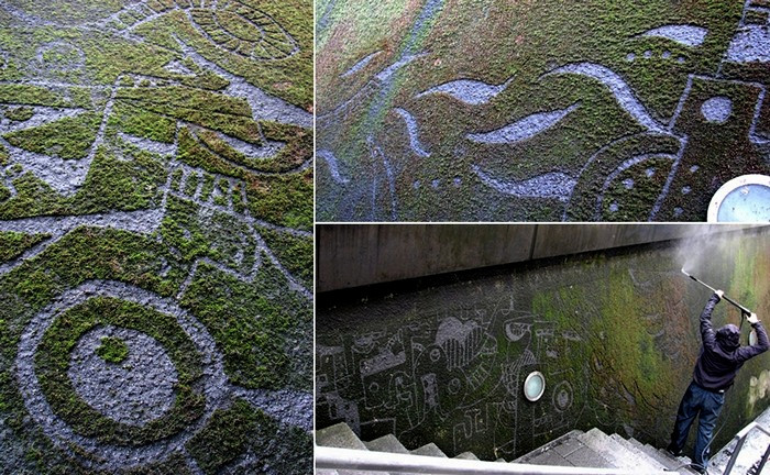 Граффити Стефана де Крока (Stefaan De Croock), нарисованное водой на покрытой мхом стенке