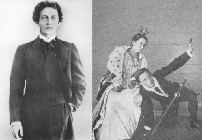 А. Блок в 1907 г. и А. Блок в роли Гамлета в домашнем спектакле | Фото: shkolageo.ru и liveinternet.ru