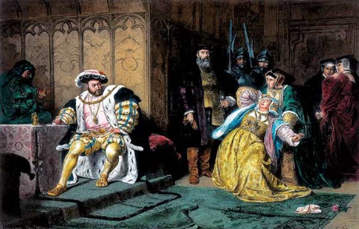 Генрих VIII обвиняет Анну в измене. Гравюра с картины К. Пилоти, 1880