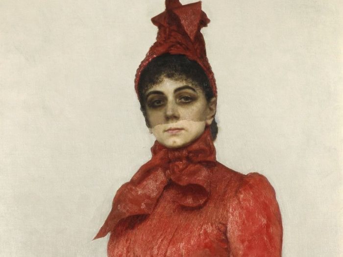 И. Репин. Портрет баронессы В. И. Икскуль фон Гильденбандт (*Женщина в красном*), 1889. Фрагмент
