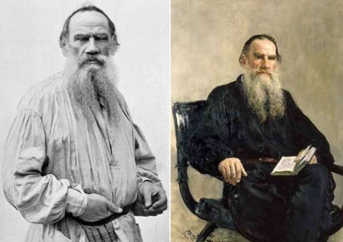 И. Репин. Портрет Льва Толстого, 1887, и фото писателя | Фото: palitra.co и edebiyathane.com