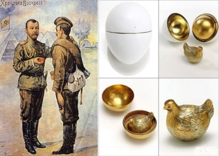 Слева – Пасхальная открытка с Николаем II, 1916. Справа – первое пасхальное яйцо Фаберже | Фото: worontsovpalace.org