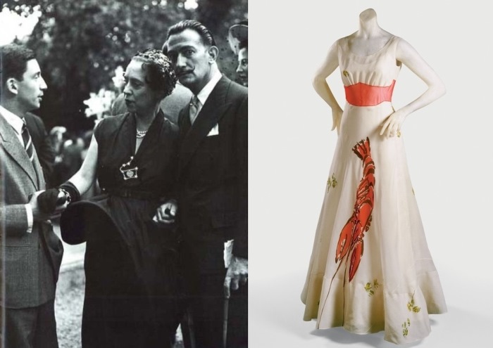 Эльза Скиапарелли с Сальвадором Дали и их совместный шедевр – знаменитое платье с лобстером