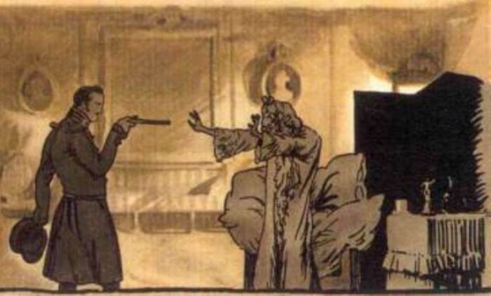 А. Бенуа. Иллюстрация к *Пиковой даме*. Германн угрожает графине пистолетом