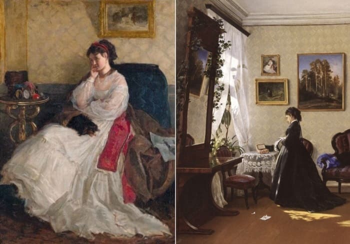 И. Шишкин изобразил свою жену на двух картинах: *Дама с собачкой*, 1868 и *Перед зеркалом. За чтением письма*, 1870 | Фото: artchive.ru