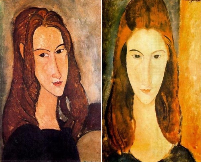 Амедео Модильяни. Слева – *Голова Жанны Эбютерн в профиль*. Справа – портрет Жанны Эбютерн, 1919