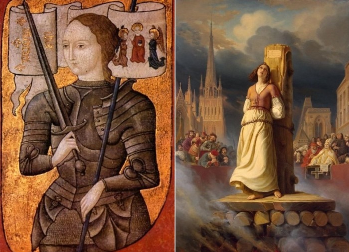 Слева – Жанна д'Арк. Миниатюра второй половины XV в. Справа – Г. Штильке. Смерть Жанны д’Арк на костре