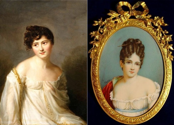 Слева – Фирмин Массо. Портрет Жюли Рекамье, 1807. Справа – Жан-Франсуа Валли. Жюли Рекамье, 1800