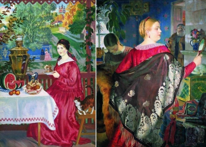 Б. Кустодиев. Слева – *Купчиха на балконе*, 1920. Справа – *Купчиха с зеркалом*, 1920