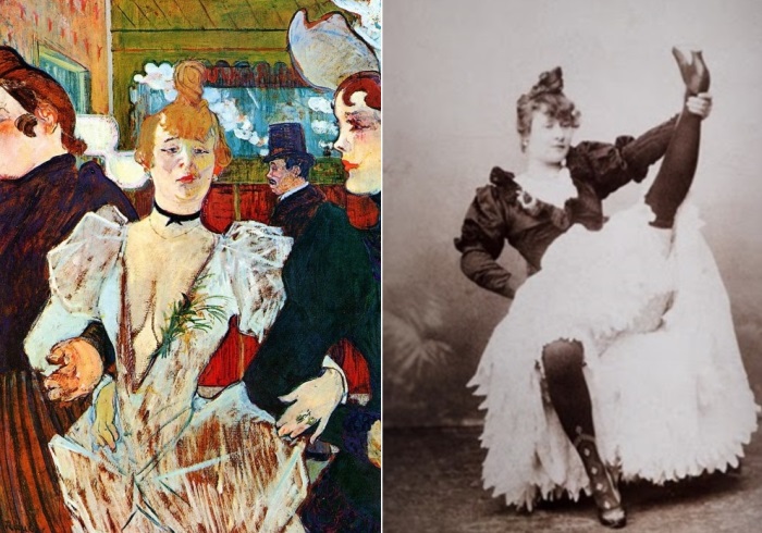 Слева – Анри де Тулуз-Лотрек. Ла Гулю, входящая в Мулен Руж с двумя женщинами, 1892 г. Справа – Ла Гулю | Фото: aria-art.ru и radikal.ru